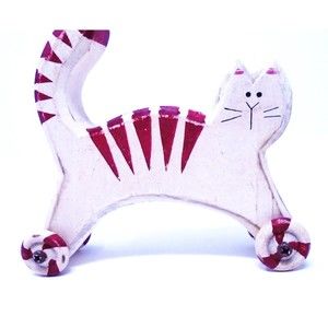 Vintage Handmade Wooden Hand Painted Cat on Wheels Burgandy Bown/White Stripped